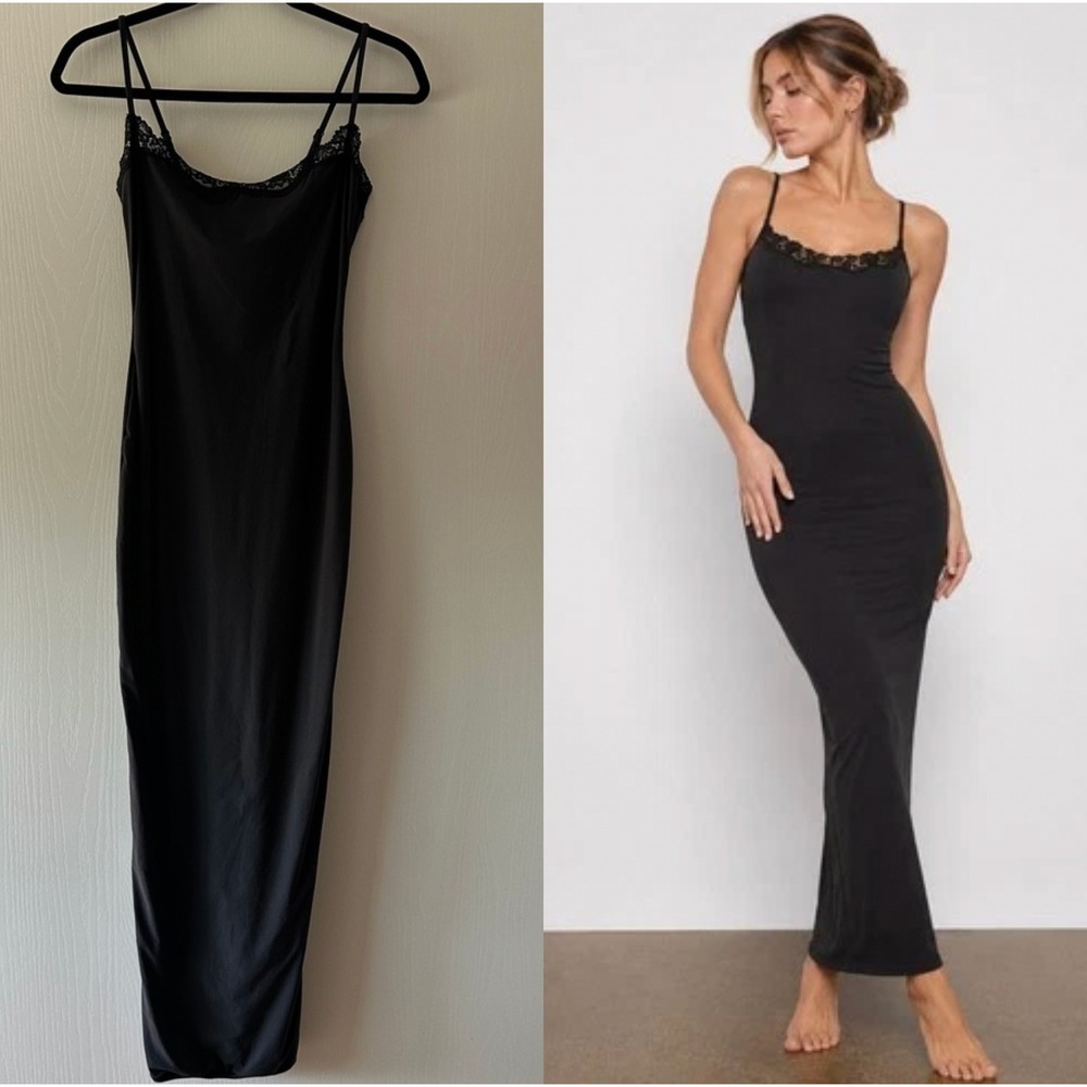 SKIMS Fits Everybody Lace Long Slip Dress Onyx Black Small NWOT Maxi Slim Fit